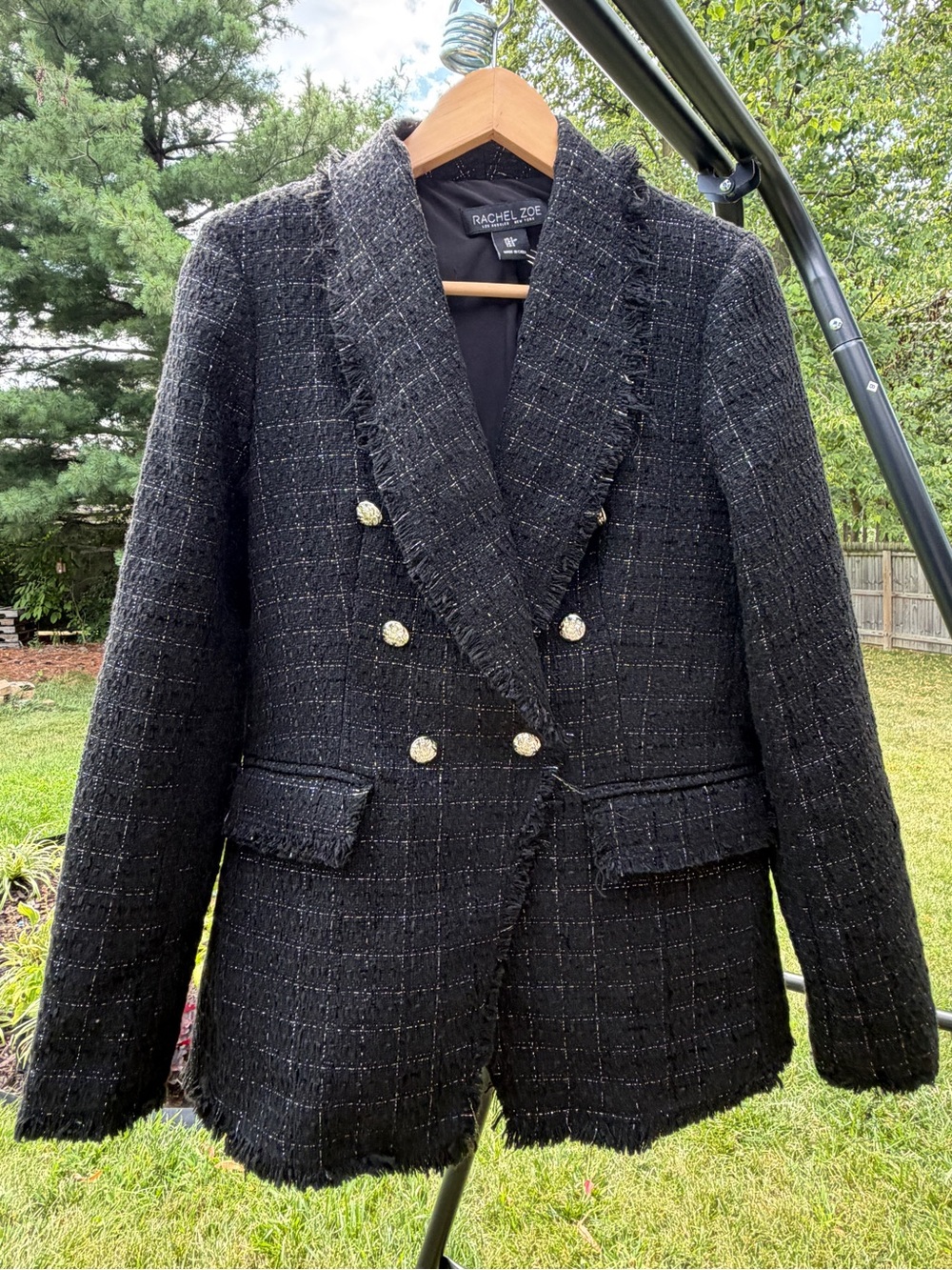 Rachel Zoe Black Tweed Metallic Fringed Double Breasted Blazer Jacket Size Small